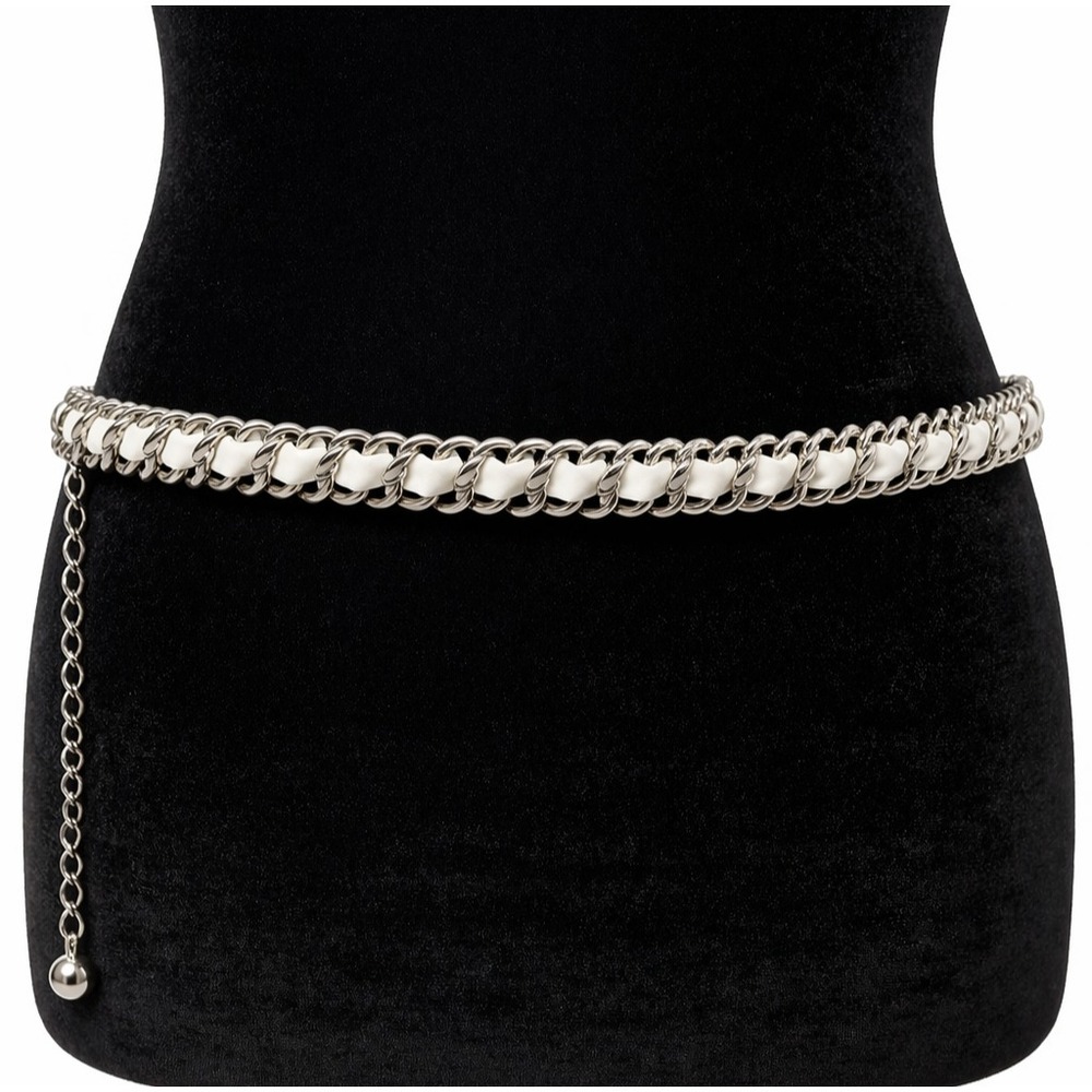 Retro Womens Silver Tone Metal White Faux Leather Chain Link Belt One Size